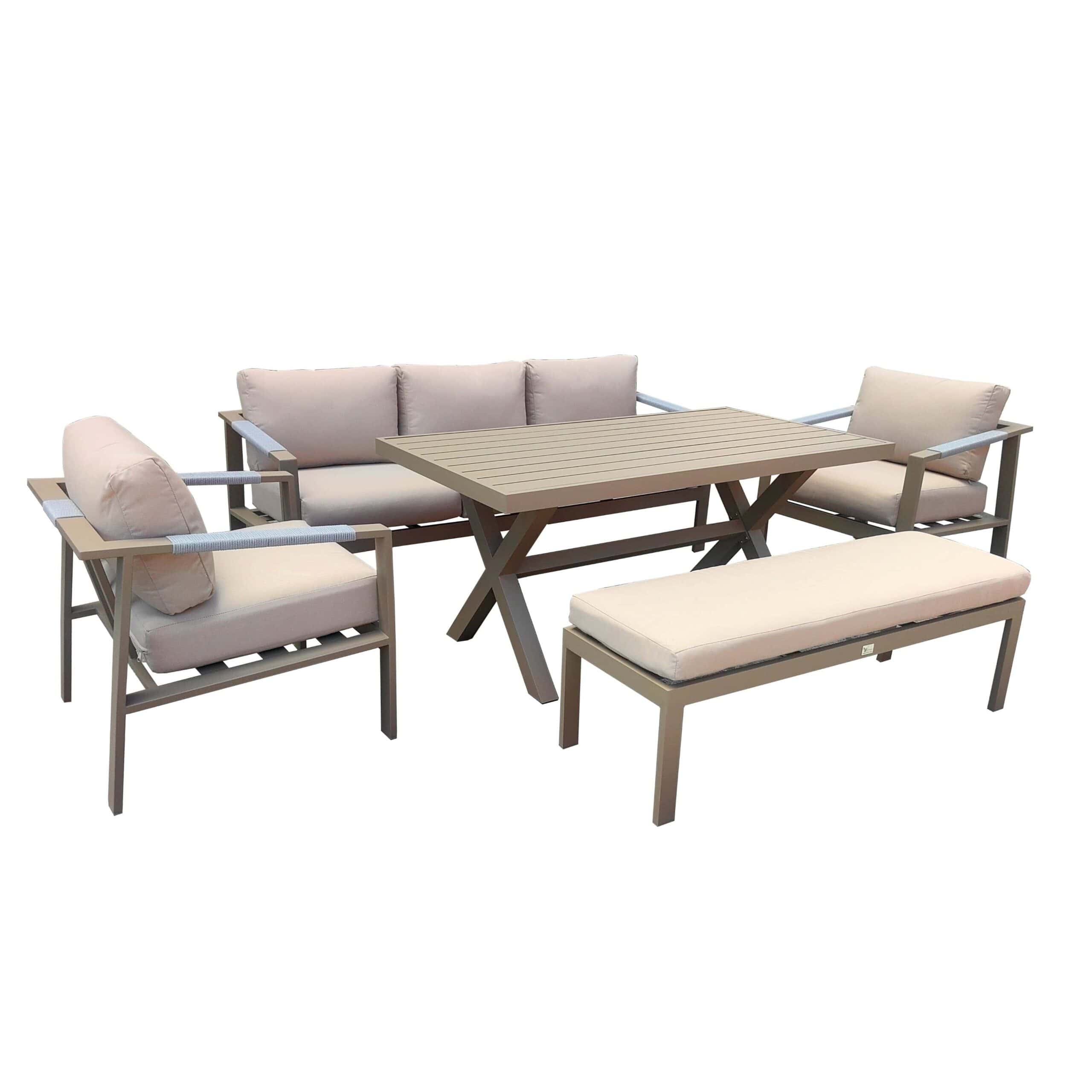 סט גינה "נאפולי" מאלומיניום עם ידיות POLYWOOD, כולל ספה תלת מושבית, שתי כורסאות, ספסל ושולחן רגלי X מק״ט JH2401C