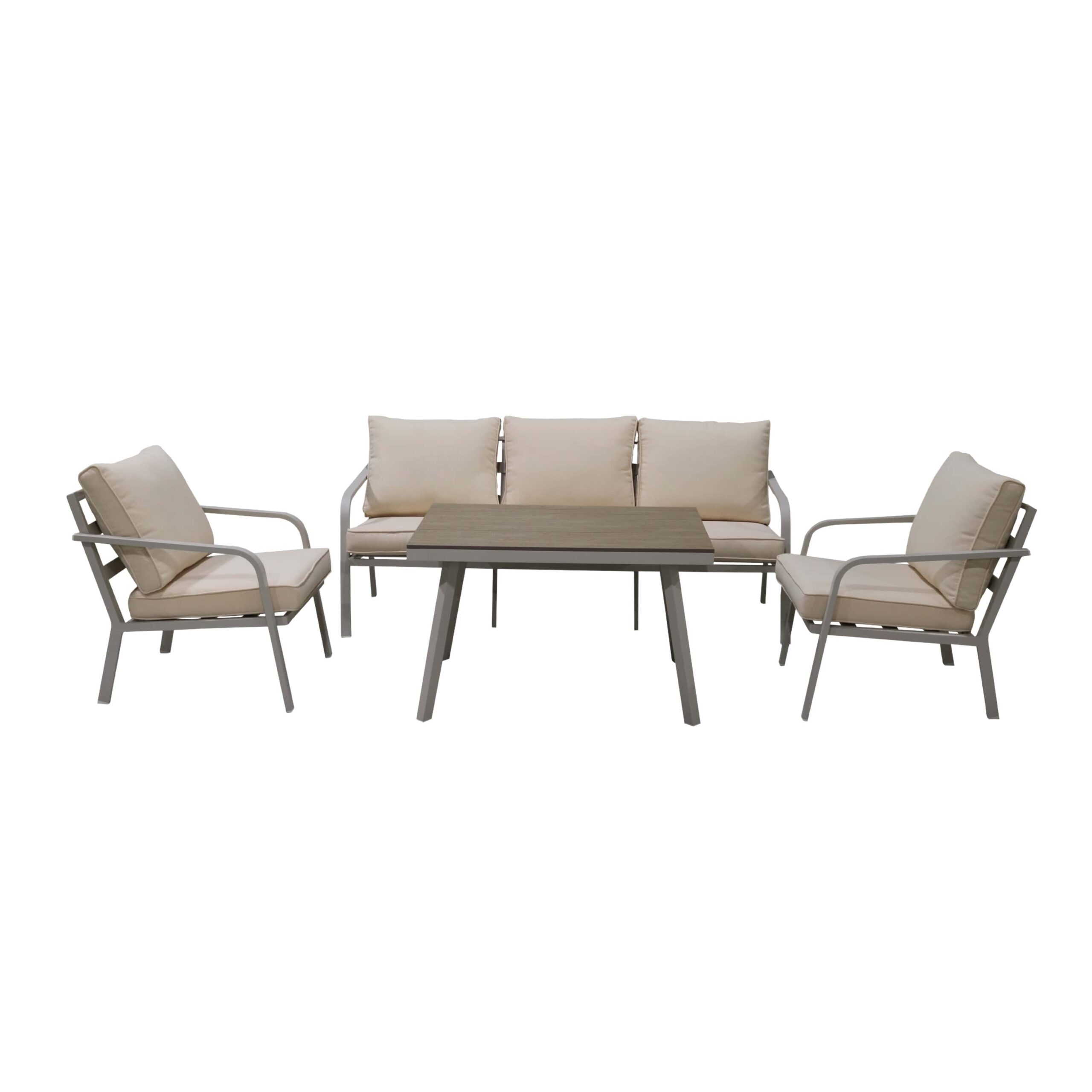 סט ישיבה לגינה דגם רומא בצבע שמפניה עם שולחן POLYWOOD ושתי כורסאות מרווחות