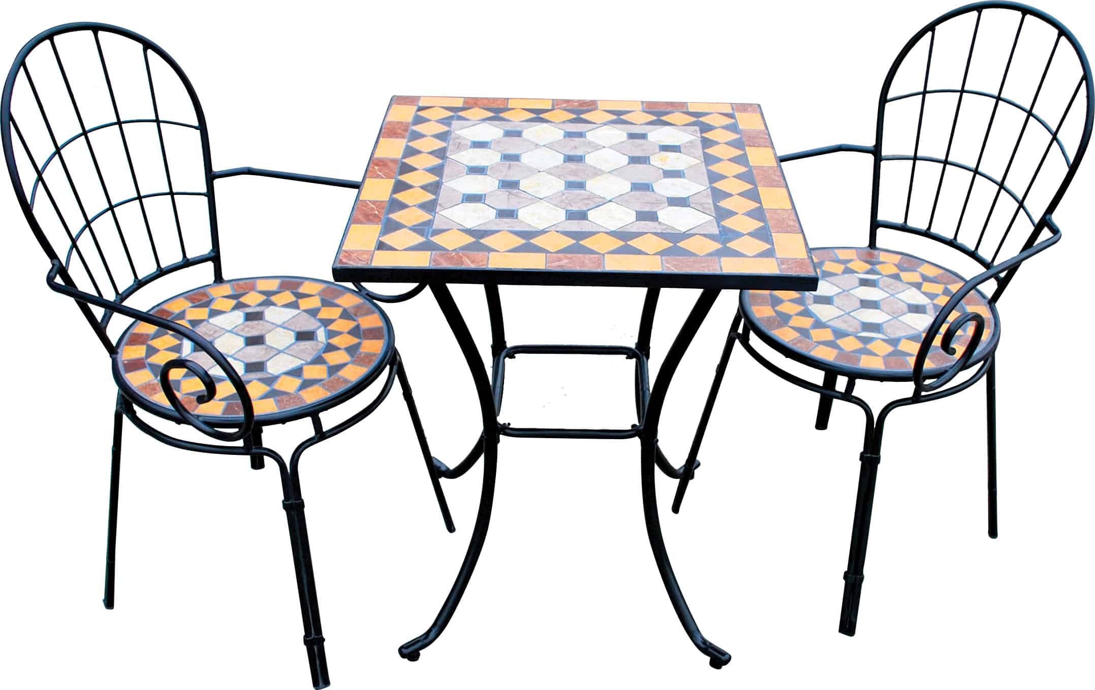 סט ביסטרו דגם סיישל שולחן מרובע ושני כיסאות מברזל בעיצוב פסיפס צבעוני לגינה או למרפסת