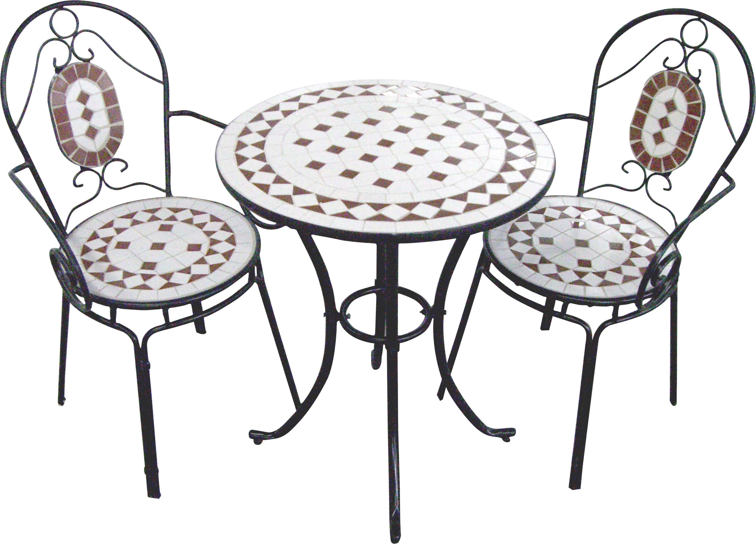 סט ביסטרו דגם טהיטי שולחן עגול ושני כיסאות מברזל בעיצוב פסיפס לבן וחום לגינה או למרפסת