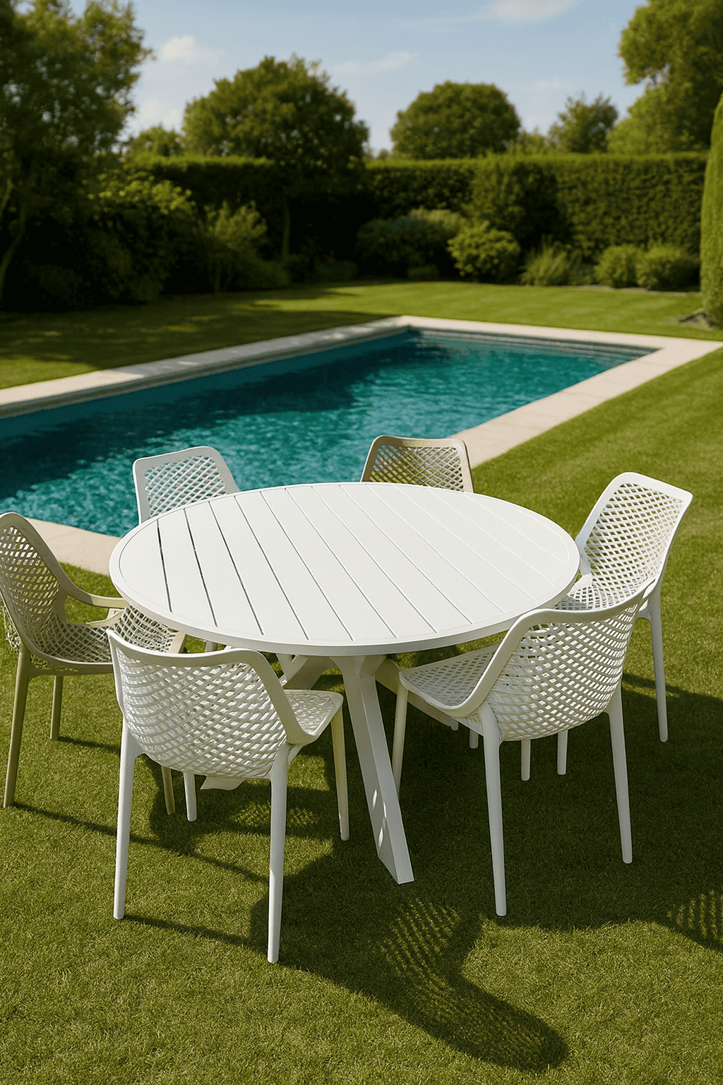 שולחן קליר עם 6 כיסאות לבנים