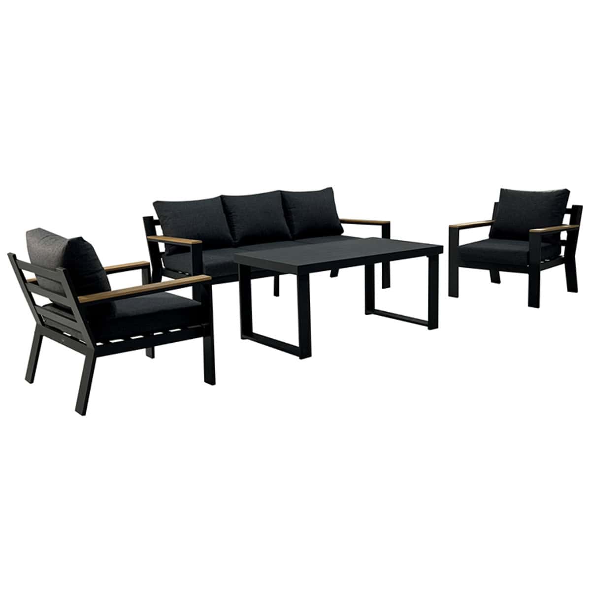 סט ישיבה אלומיניום וכריות אפור כהה עם ידיות עץ(וינה)