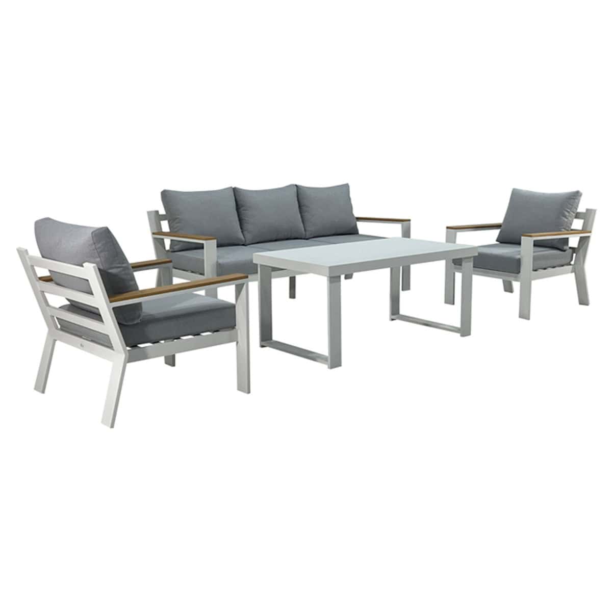 סט אלומיניום לבן מאט עם כריות אפור בהיר עם ידיות עץ(וינה)