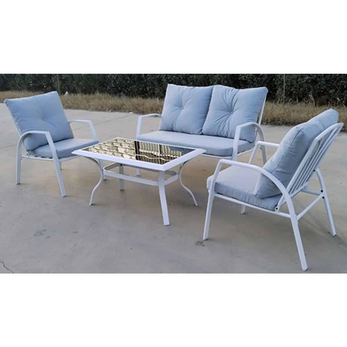 סט ישיבה מתכתי צבע לבן מאט וכריות אפור בהיר(ג'רי)