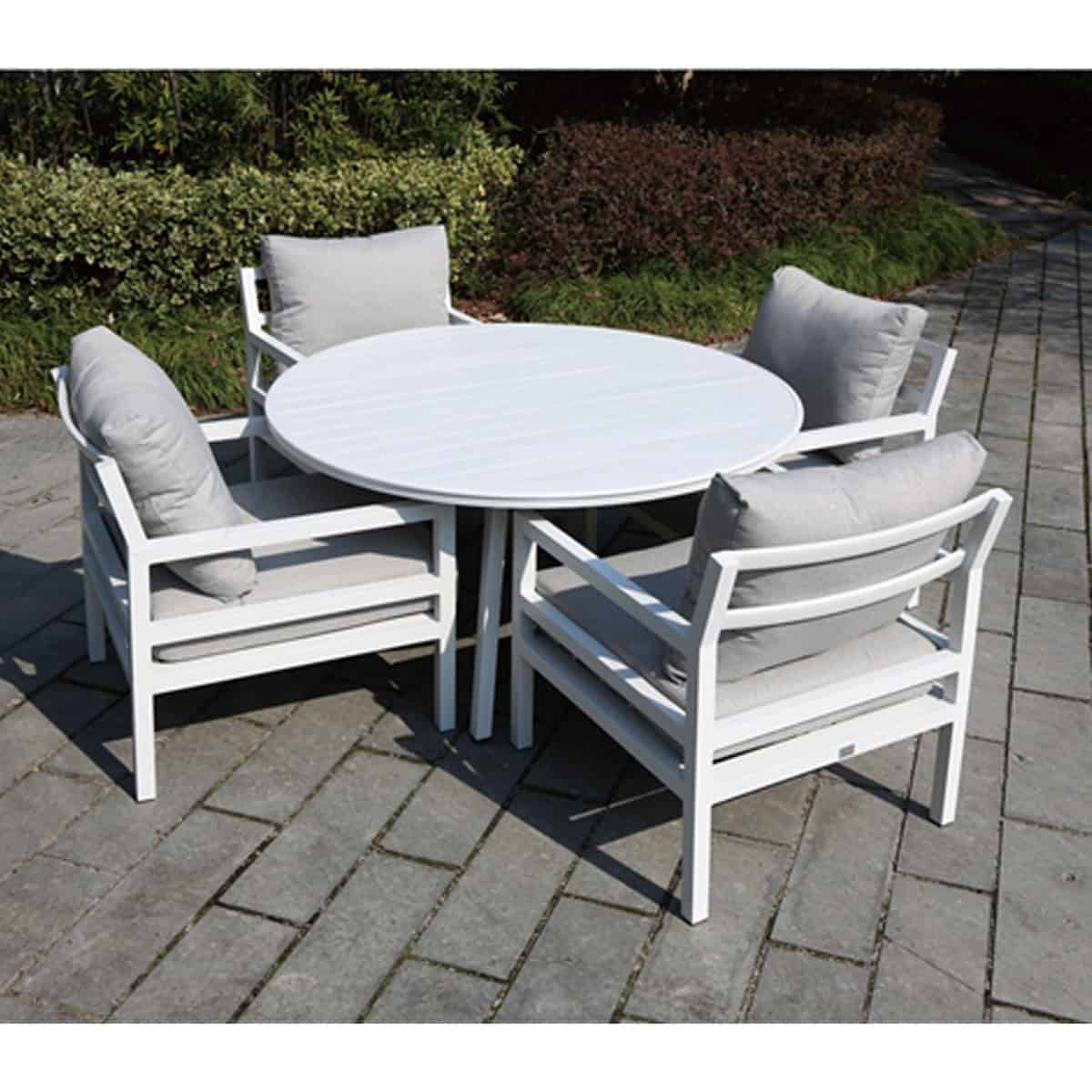 סט ישיבה אלומיניום עגול- 4 יושבים לבן וכריות אפורות(רויאל)