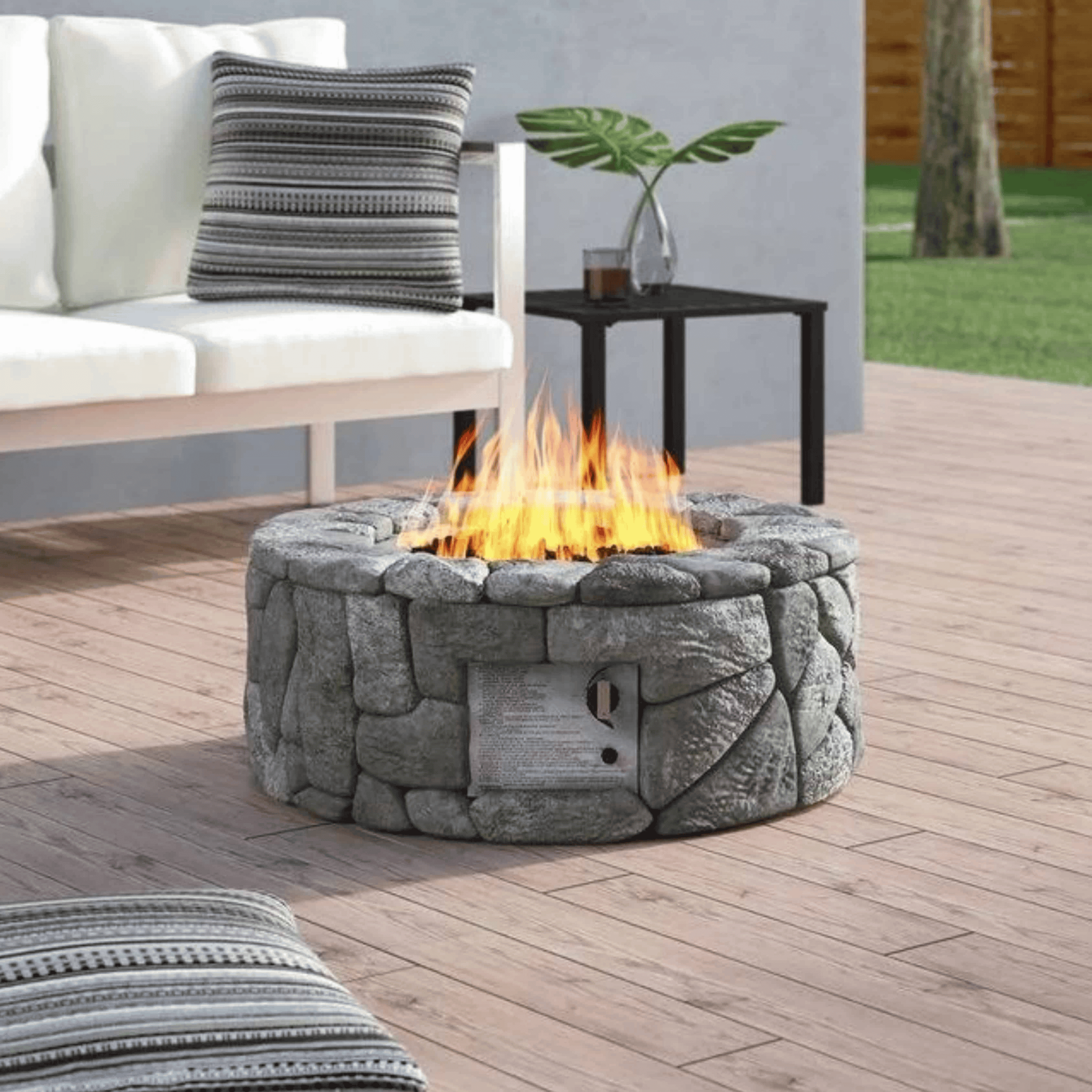 שולחן אש גז עגול דמוי מסלעה כולל אבני לבה(סטון)