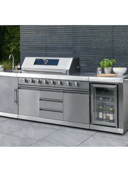 מטבח חוץ יוקרתי "קנדה" דגם G611AOK304 מנירוסטה עם 6 מבערים, כיור, ברז ומקרר חוץ