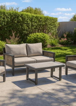 סט גינה "סיינה" מאלומיניום בשילוב חבלים בצבע טבעי כולל ספה זוגית, שתי כורסאות ושולחן קפה קרמי מק״ט CWAS083