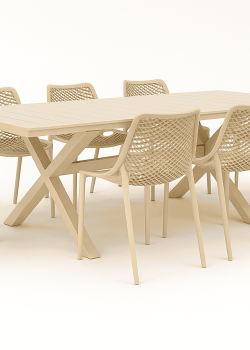 פינת אוכל סן פרנסיסקו – שולחן אלומיניום נפתח בצבע שמפניה עם 6 כיסאות יוסטון בעיצוב רשת שמפניה